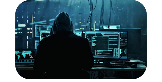 Hacker w kapturze w swoim centrum dowodzenia