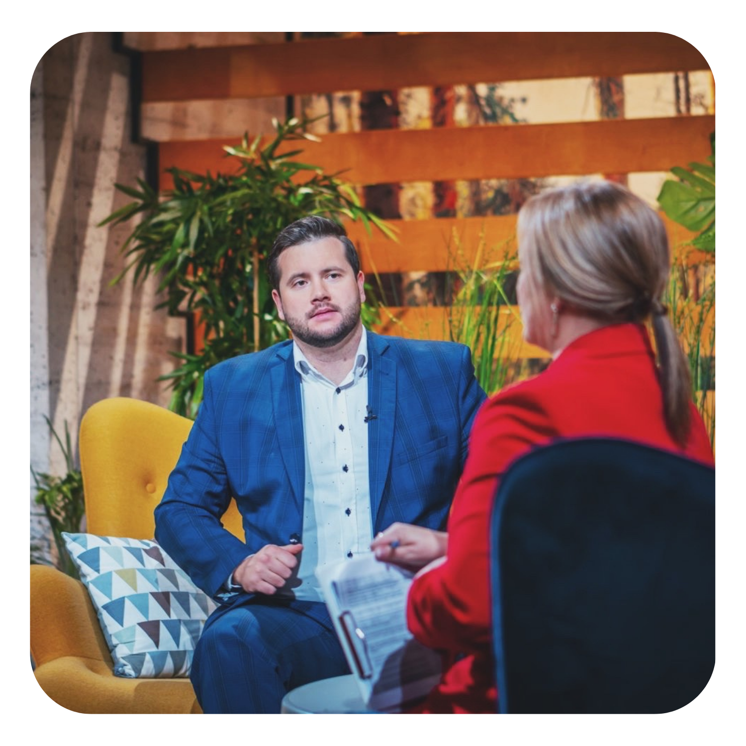 Expert discussion in a cozy studio with plants — interview on cybersecurity